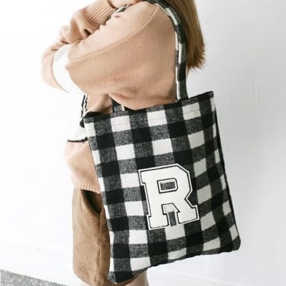 Plaid Varsity “R” Tote Bag - Black & Cream Checkered